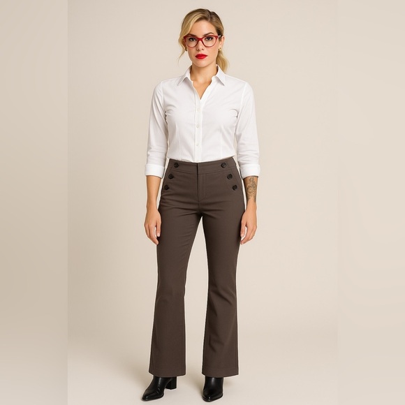 LOFT Mid-Waist Academia Bootcut Sailor Style Trousers in Gray Brown, Size 6 - Picture 1 of 11